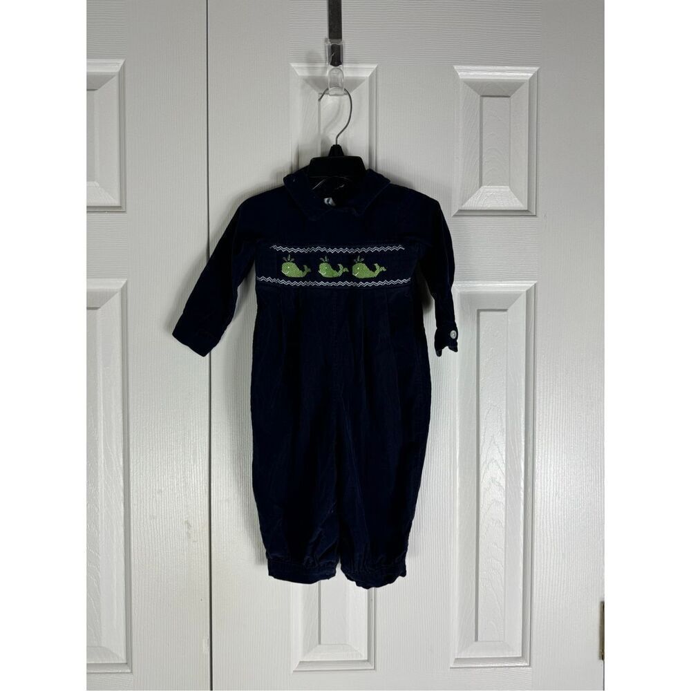 Little English Boys Smocked Cord Whale Romper Size 12m